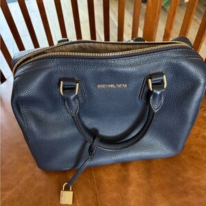 Michael Kors Dark Blue Leather Satchel with Gold Accents